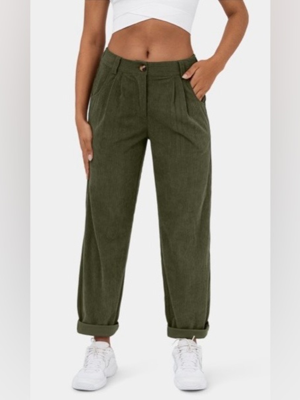 HALARA Olive Green Corduroy Mid-Rise Pleated Pants Small